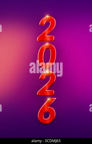 Vertikale rote Zahlen des Jahres 2026 leuchten vor einem violetten und rosa Farbverlauf. Stockfoto