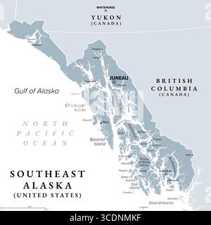 Südost-Alaska, auch Alaska Panhandle, graue politische Karte. Region und südöstlicher Teil des US-Bundesstaates Alaska am Nordpazifik. Stockfoto