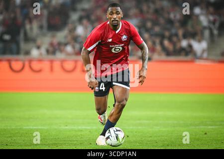 24. August 2023, Villeneuve-d'Ascq, Frankreich: Alexsandro VICTOR DE SOUZA RIBEIRO aus Lille während des Spiels der UEFA Europa Conference League zwischen Lille OSC (LOSC) und HNK Rijeka im Pierre Mauroy Stadium am 24. August 2023 in Villeneuve-d'Ascq bei Lille, Frankreich. (Bild: © Matthieu Mirville/ZUMA Press Wire) Stockfoto