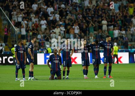 Udine, Friaul Julisch Venetien, Italien. August 2025. PSG während des Fußballspiels des UEFA Super Cup 2025 zwischen Paris Saint-Germain und Tottenham Hotspur im Bluenergy Stadium am 13. August 2025, Udine, Italien (Foto: © Mattia Radoni/ZUMA Press Wire) NUR REDAKTIONELLE VERWENDUNG! Nicht für kommerzielle ZWECKE! Stockfoto
