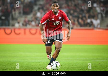 24. August 2023, Villeneuve-d'Ascq, Frankreich: Alexsandro VICTOR DE SOUZA RIBEIRO aus Lille während des Spiels der UEFA Europa Conference League zwischen Lille OSC (LOSC) und HNK Rijeka im Pierre Mauroy Stadium am 24. August 2023 in Villeneuve-d'Ascq bei Lille, Frankreich. (Bild: © Matthieu Mirville/ZUMA Press Wire) Stockfoto