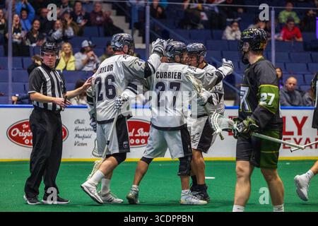 2. Dezember 2023: Calgary Roughnecks Spieler feiern im vierten Quartal ein Tor gegen die Rochester Knighthawks. Die Rochester Knighthawks waren Gastgeber der Calgary Roughnecks in einem Spiel der National Lacrosse League in der Blue Cross Arena in Rochester, New York. (Jonathan Tenca/CSM) (Bild: © Jonathan Tenca/CSM via ZUMA Press Wire) Stockfoto