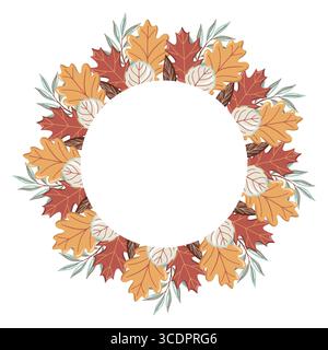 Kreisförmiger Herbstrahmen mit Eichen-, Ahorn- und Weidenblättern. Herbstvektor isolierte Illustration auf weißem Hintergrund. Stock Vektor