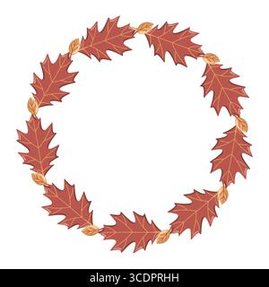 Runder Rahmen mit roter Eiche und gelben Herbstblättern. Fall Time Cartoon Vektor isolierte Illustration auf weißem Hintergrund. Stock Vektor