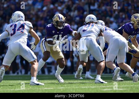 2. September 2023: Washington Huskies Defensive beendet Lance Holtzclaw (41) während des NCAA-Fußballspiels zwischen den Boise State Broncos und Washington Huskies im Husky Stadium in Seattle, WA. Washington besiegte Boise State mit 56:19. Steve Faber/CSM (Foto: © Steve Faber/CSM via ZUMA Press Wire) Stockfoto