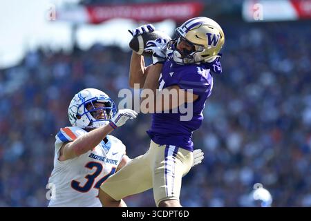 2. September 2023: Washington Huskies Wide Receiver Jalen McMillan (11) holt einen Touchdown während des NCAA-Fußballspiels zwischen den Boise State Broncos und Washington Huskies im Husky Stadium in Seattle, WA. Washington besiegte Boise State mit 56:19. Steve Faber/CSM (Foto: © Steve Faber/CSM via ZUMA Press Wire) Stockfoto