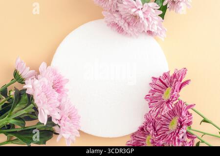 Beigefarbener Hintergrund mit weißem Podium für kosmetisches Produkt, Modell. Gänseblümchendekoration. Draufsicht, flach, Kopierbereich. Stockfoto