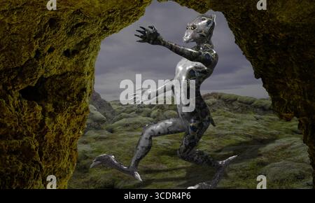 3D-Illustration eines Reptilienkreaturen am Eingang zu seiner Höhle Stockfoto