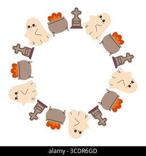 Einfacher Halloween-Kreiselrahmen. Niedliche Halloween-Rahmenkante auf weißem Hintergrund. Das runde Vektor-Design mit weichen Farben, perfekt für den gruseligen Herbst Stock Vektor