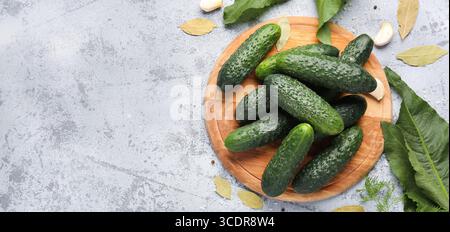 Komposition mit frischen Gurken und Zutaten zur Konservierung auf Grunge-Hintergrund mit Platz für Text Stockfoto