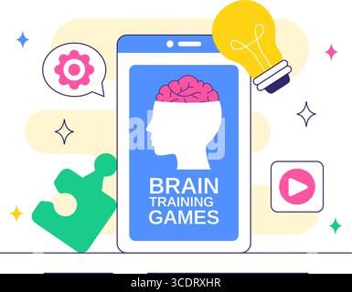 Brain Training Games Vektor-Illustration, in der Menschen Spaß mit Rätseln, Kreuzworträtseln, Logikspielen und Puzzle-Lösen in einem flachen Hintergrund haben Stock Vektor