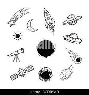 Illustration des Weltraumraketenplaneten Mond Star Astronauten mit inspirierender Galaxienforschung und fröhlicher kosmischer Abenteuerkunst Stock Vektor