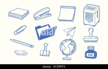 Doodle Set für Bürobedarf isoliert auf weißem Hintergrund, mit handgezeichneten Symbolen aus Papier, Papier und Werkzeugen für Unternehmen und Bildung Stock Vektor