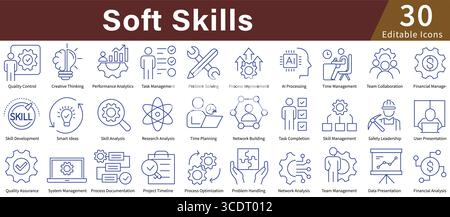 Soft-Skills-Symbolsatz in Linienform mit editierbarem Vektor für Führung, Kommunikation, Teamwork und berufliche Entwicklung Stock Vektor