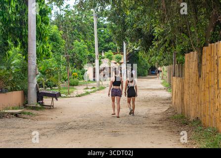 Zwei Frauen schlendern durch eine lebhafte Straße in Palomino, La Guajira, umgeben von üppigem Grün und rustikaler Landschaft. Stockfoto