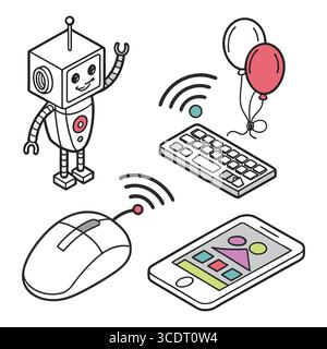 Verspielte Vektorgrafiken von Roboter, Tastatur, Maus, Smartphone und Ballons in einem lustigen Design Stock Vektor