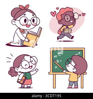 Verspielte Vektor-Illustrationen von Kindern, die in der Schule lernen und Spaß haben Stock Vektor