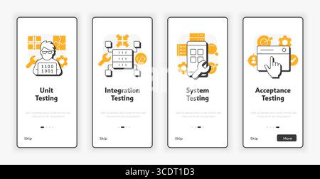 Software-Testebenen Mobile Onboarding Bildschirm Stock Vektor