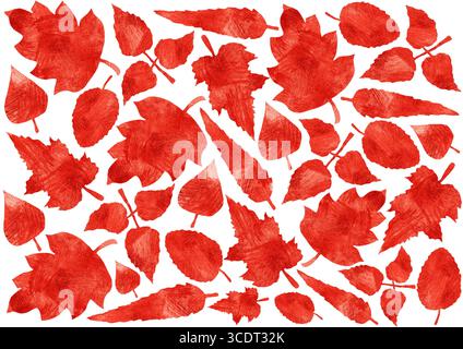 Satz trockener Blätter. Mit farbigen Bleistiften gezeichnet. Textur für Kreuzstriche. Verschiedene Rottöne. Chaotisch auf weißem Hintergrund platziert. Blätter Stockfoto