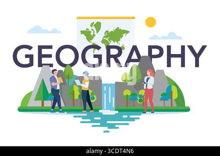 Geographieklasse mit Naturelementen. Das Land, die Merkmale, die Bewohner der Erde studieren Stock Vektor