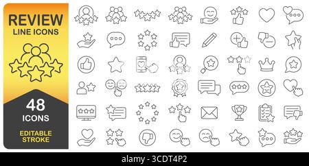 Symbolsatz Für Überprüfungs- Und Feedbacklinien Mit 48 Bearbeitbaren Konturen. Sammlung Dünner Linien. Enthält Bewertungen, Sterne, Kommentare, Likes Und Kunden Stock Vektor