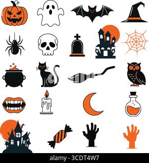 Diese verspielte Illustration zeigt eine Sammlung von Halloween-Ikonen, darunter Kürbis, Geist, Fledermaus, Hexenhut, Spinne, Schädel, Spukhaus. Stock Vektor