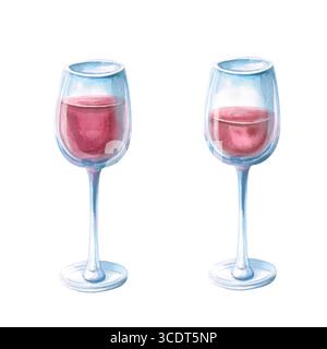 Set aus zwei Gläsern mit Rotwein unterschiedlicher Füllung. Isolierte Aquarellillustration in realistischem Stil für Restaurant, Bar-Design, Menü-Design, PR Stockfoto