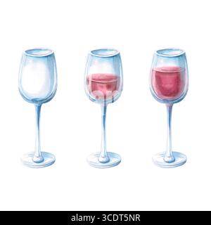 Set aus drei Gläsern mit Rotwein unterschiedlicher Füllung. Isolierte Aquarellillustration in realistischem Stil für Restaurant-Design, Bar-Design, Menü d Stockfoto