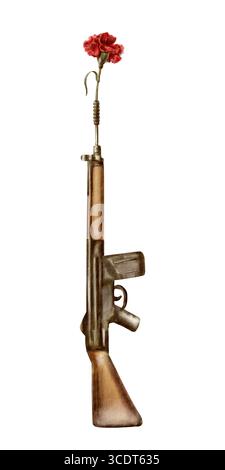 Eine alte rote Nelkenblume in einem Gewehrlauf, symbolisiert die friedliche Revolution und den Sturz der Diktatur in Portugal (1974). Handgezeichnet Stockfoto