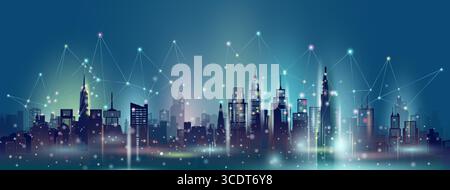 Smart City und drahtlose Kommunikationsnetzwerktechnologie in Downtown Wolkenkratzern auf blauem Hintergrund, moderne Smart City und Architektur futuristische Wanne Stock Vektor