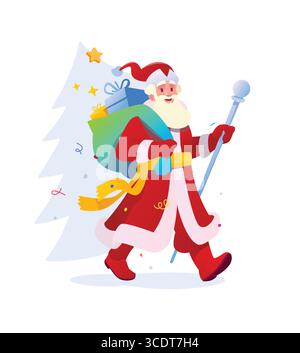 Illustration eines fröhlichen Weihnachtsmanns. Vektor. Der Heilige Nikolaus mit einer Tüte Geschenke und einem Stab. Russischer Weihnachtsmann im roten Anzug, der Charakter des Th Stock Vektor