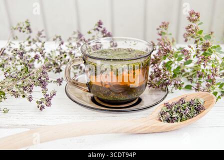 Hausgemachter Oregano, Origanum vulgare Kräutertee in einer Teetasse. Dampfendes Heißgetränk mit trockenen und frischen Oregano-Blüten rund um die Uhr, weißes Holzbrett. Stockfoto