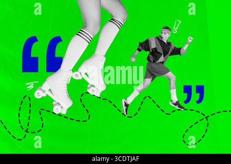 Kreative Bildercollage von schockierten Sportlern Lauf Joggen Marathon weibliche Beine tragen Rollschuhe fahren Aktivität Gewichtsverlust Stockfoto