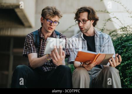 Studenten studieren gemeinsam im Freien, während sie Notizen austauschen und diskutieren Stockfoto