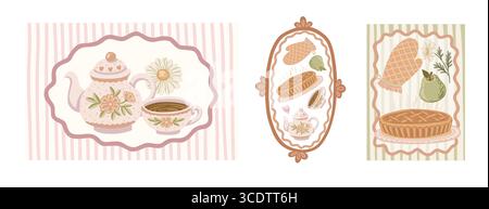 Vintage Küche Poster Set mit Geschirr und Kuchen in pastellfarbenen gewellten Rahmen. Handgezeichnete Coquette-Zeichentrickillustration mit gestreiftem Hintergrund. Toll für Stock Vektor