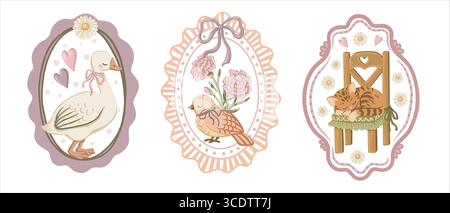 Vintage-Set mit Gänsevogel und Schlafkatze in pastellfarbenem Wellenrahmen. Handgezeichnete Coquette Cartoon Illustration mit rosa Schleife und Blume. Toll für Stock Vektor