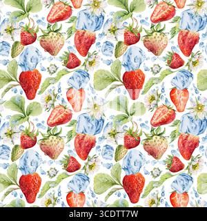 Erdbeerbeerblätter fliegen mit Tautropfen, Eiswürfeln, Wasserspritzer. Reifer Sommergarten Wald Strasberry Hand gezeichnet in Aquarell. Isoliert Stockfoto