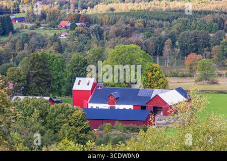 Rote Scheune auf dem Land im Herbst Stockfoto
