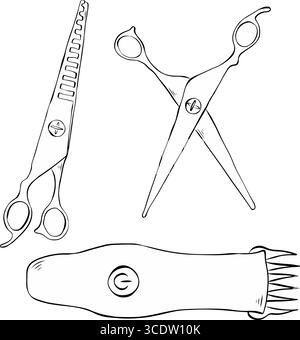 Schere Symbol Haarschnitt Friseur isolierte Artikel Set. Abbildung der grafischen Vektorfarbe. Silhouettenzeichen für Logo, Druck, Comics, Mode, Pop Art, Eber Stock Vektor