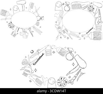 Friseurwerkzeuge, ovales Rahmenset. Illustration der grafischen Vektorgrafik für die Farbvorlage. Platzieren Sie Ihren Text, Logo Rahmen für Text mit einer Reihe von Schönheitsartikeln. F Stock Vektor