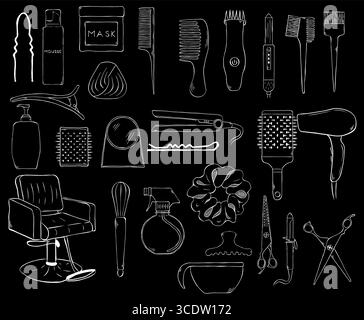Friseur Utensilien Haarschnitt Friseur Einzelteile Set. Abbildung der grafischen Vektorfarbe. Enthält Symbol für Haarschneider, Friseurstange, Kamm, Rasierklinge Stock Vektor