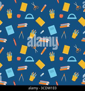 Das nahtlose Muster für die Back-to-School-Vektoren. Hintergrund mit Schreibwaren Stock Vektor