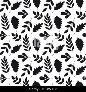 Schwarze Silhouette verschiedener Blätter auf weißem Hintergrund. Einfarbiger botanischer Natur nahtloser Hintergrund. Blattdruck für Textilien und Tapeten Stock Vektor