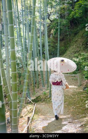 Frau in einem wunderschönen traditionellen Kimono mit einem klassischen Papierschirm geht auf einem ruhigen Pfad durch einen üppigen grünen Bambuswald in Arashiyama. Stockfoto