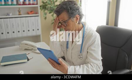 Leitende Ärztin mit grauen Haaren und Brille, die ein Tablet in einem Klinikbüro überprüft, das durchdacht aussieht und konzentriert mit Mappen und Pflanzen in der Badewanne ist Stockfoto