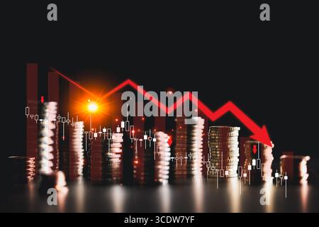 Globale Wirtschaftskrise, gekennzeichnet durch steigende Inflation, Finanzabschwung, Börsenkrach, sinkende Grafiken, Diagramme, Inflationskonzept und wirtschaftliche Rek Stockfoto