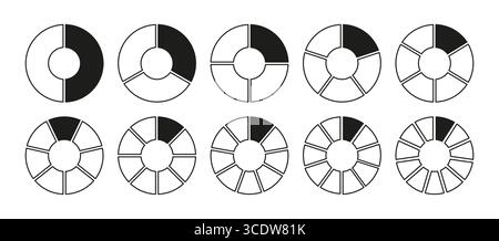 Kreise unterteilt in Diagramm 2, 3, 10, 7, 8, 9, 10, 11 gleiche Teile. Diagramme mit Symbolen für Torten, Pizzaformen. Coaching leere Vorlage. Satz von Segmenten Stock Vektor
