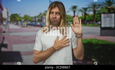 Mann mit langen blonden Haaren in weißem T-Shirt hält eine Hand auf der Brust und hebt die andere Hand auf einer sonnigen Straßenszene; persönliches Versprechen gelobt Aufrichtigkeit. Stockfoto