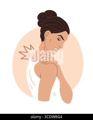 Vektor-Illustration einer Frau mit Trapezmuskelschmerzen durch Spannung, Belastung oder schlechte Haltung. Isoliertes medizinisches Konzept für Hals-Schulter-Discom Stock Vektor