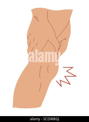 Flache Vektordarstellung von Händen, die aufgrund von Schmerzen ein Knie halten. Nahaufnahme, Geschlecht nicht sichtbar. Begriff der Verletzung, Muskelbelastung oder Gelenkerkrankung. Ist Stock Vektor